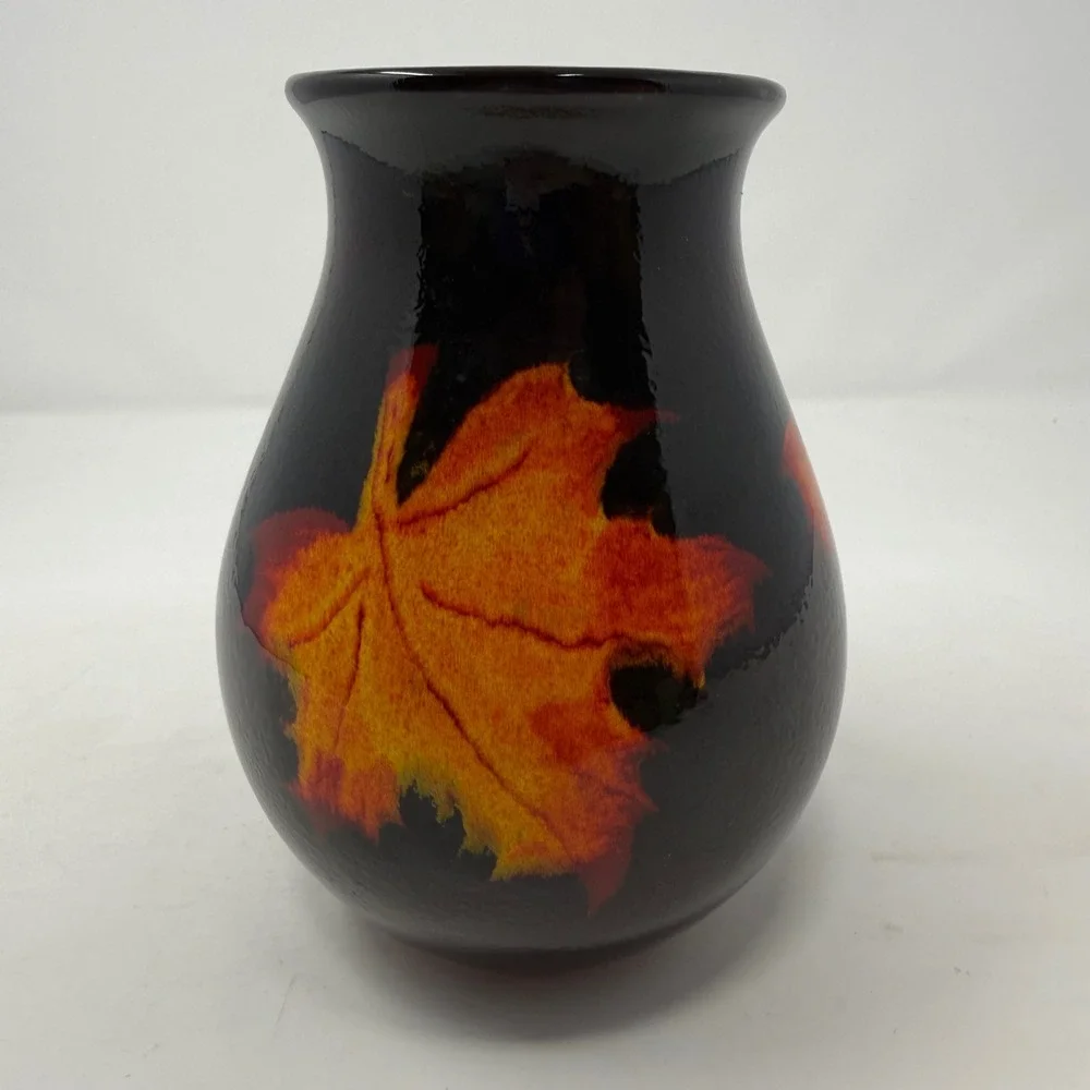 Poole Pottery England Black Maple Leaf Vase Orange Yellow Art Pottery Ceramic 8